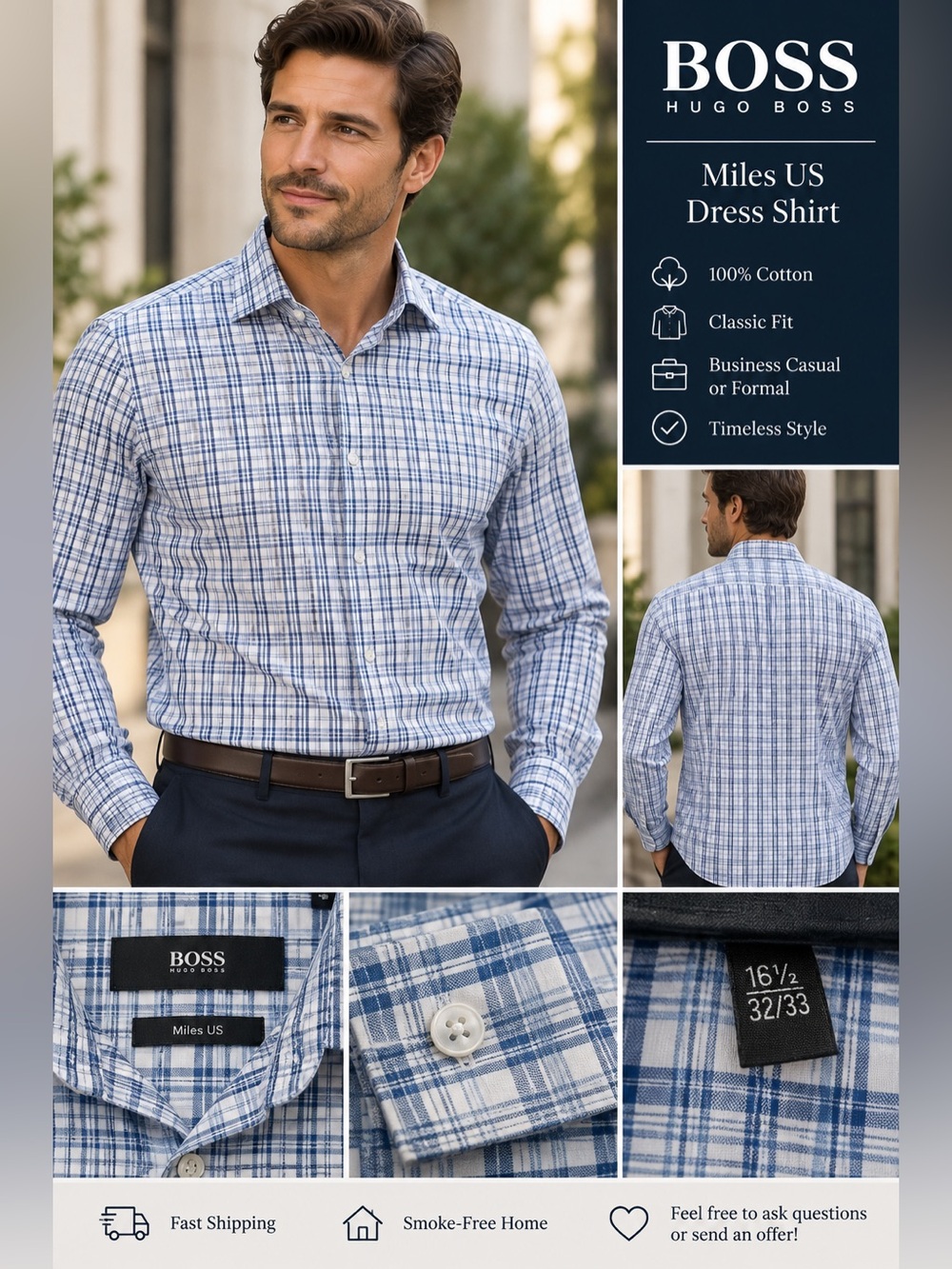 HUGO BOSS Miles US Blue Plaid 100% Cotton Dress Shirt – 16.5 / 32-33